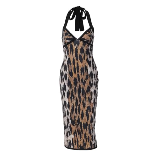 Robe longue léopard dos nu moulante avec col v fente robe de soirée chic