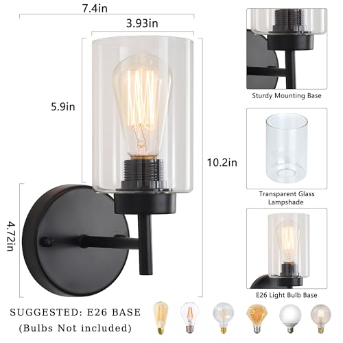 Image of Black Wall Sconce for Bathroom,Modern Indoor Sconces with Clear Glass Shade | Bathroom Wall Lamp indoor Wall Lights for Mirror Kitchen Living Room Hallway Cabinet Porch