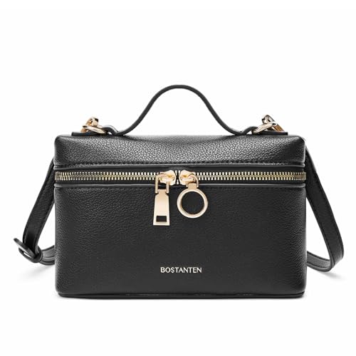 BOSTANTEN Umhängetasche mit Henkel Oben, Crossbody Bag Damen klein, Designer Geldbörse aus Leder mit verstellbarem Riemen,Schwarz