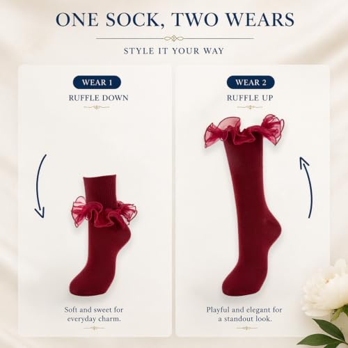 Image of Women Big Ruffle Socks Adult Lace Frilly Turn Cuff Dress Socks | 1 Pair Womens Cute Cotton Large Ruffled Ankle Socks for Ladies Big Girls Fancy Vintage 50s 80s Church Party Bobby Crew Socks