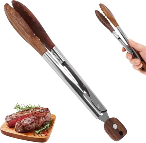 Bamyli 9 Inch Wooden Kitchen Tongs for Cooking, Non-Stick Heat Resistant Wooden Tongs with 2 Hooks for BBQ, Salad,Toaster, Serving, Bread and Grilling