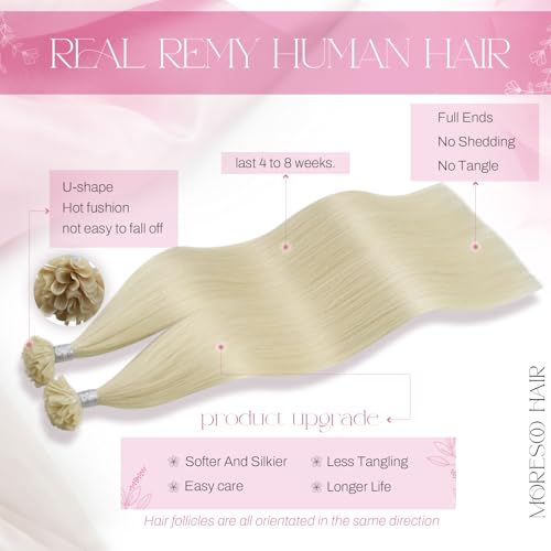 Image of Moresoo Human Hair Platinum Blonde U Tip Hair Extensions, 14'' #60, 40G /50S, Fusion, Straight, Unisex | 40g 50 strands, pre-bonded keratin tips, fine hair, platinum blonde match, shoulder-length hairstyles
