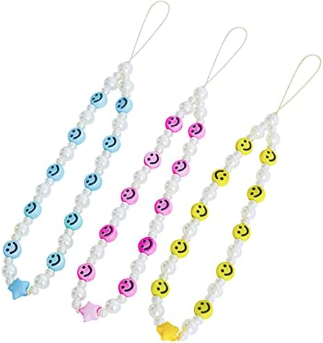 Vatogon Beaded Phone Strap Y2K Beaded Phone Charms Smiley Face Fruit Star Letter Pearl Handmade Rainbow Acrylic Polymer Clay Beads Keychain for Women Girls (3Pcs-F)