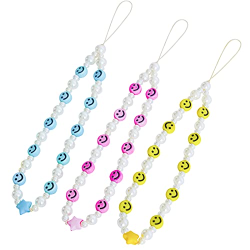 3PCS Beaded Phone Strap Smiley Face Beaded Y2K 90S Lanyard Wrist Strap,Smiley Bracelet Keychain Charm for Women Girl 3 Color