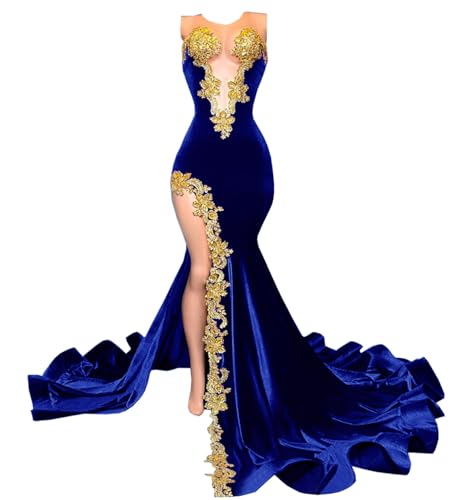 Image of Velvet Prom Dresses Beaded Applique Sleeveless Celebrity Pageant Split Mermaid Evening Gala Gown
