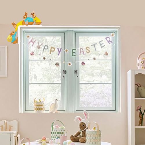 YIEUR Türrahmen deko Ostern Holz，Osterhase türdeko mit Klebepunkte Runde，16x12cm Beidseitige Druck Osterhasen Figur Ornament Dekoration für Osterfest Geschenk Tür Home Wand