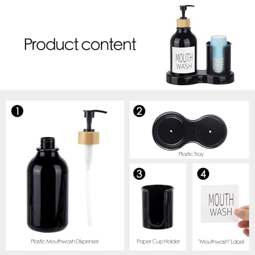 Image of Mouthwash Dispenser for Bathroom, 16oz Plastic Mouthwash Dispenser with Cup Holder and Tray Mouth Wash Bottle Container - Black