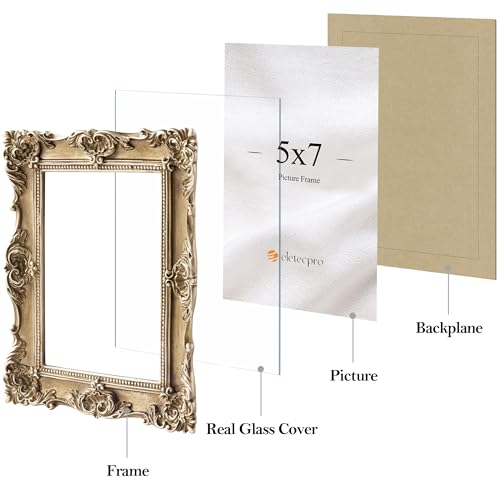 Image of eletecpro 5x7 Vintage Picture Frame with Real Glass Cover, Ornate Antique Photo Frame, Display 5x7 Picture for Tabletop or Wall Hanging Horizontal & Vertical, Gold Home Decor for Gallery Art