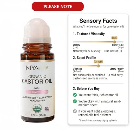 NIYAVERA Organic Castor Oil Roll on with Rose Quartz for Face and Body - Cold Pressed Hexane Free Glass Bottle Unrefined 1.7 oz