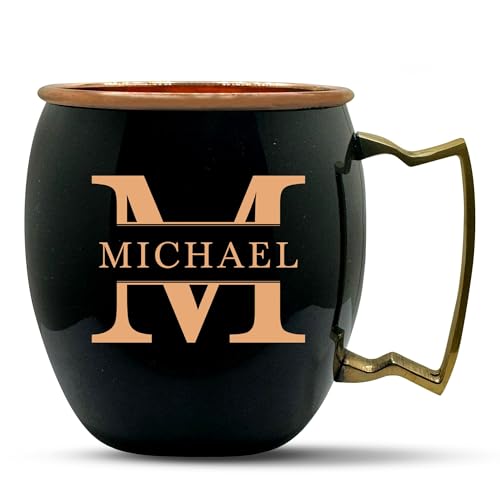 Personalized Custom Copper Moscow Mule with Smooth Painted Finish - Engraved Bar Style 100% Copper Cup with Custom Traditional Monogram Engraving, Brass Handle | 18 oz, Black
