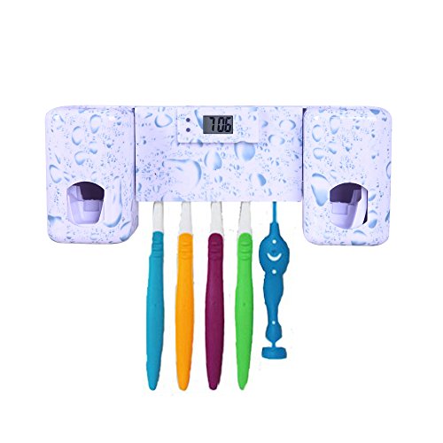 Wekity Toothbrush Holder With Double Combination Automatic Toothpaste Dispenser Toothpaste Holder With Electronic Watch 5 Toothbrush Grooves, Super Strong Stickers And Screws For Bathroom(White) #TOP7