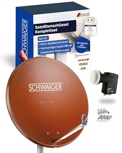 SCHWAIGER Satellitenschüssel Komplettset - Ø 80 cm Aluminium Offset Antenne in Ziegelrot - Inkl. Quad LNB 4-Fach - Digital HD & 4K Empfang - Integrierte Kabelführung & wetterfest
