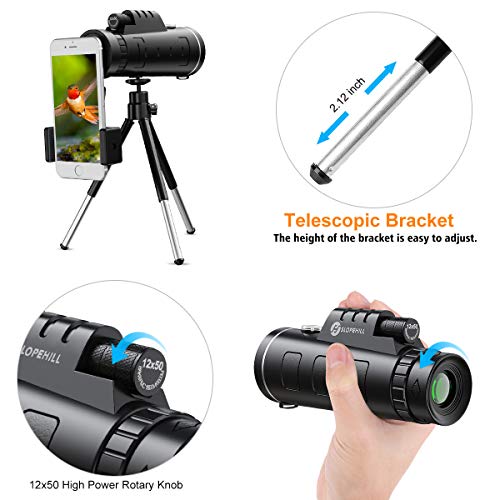 Monocular Telescope - 12X50 High Definition FMC BAK4 HD Monocular 【Day & Low Night Vision】 with Smartphone Holder & Tripod IPX7 Waterproof & Eco-Friendly Materials for Bird Watching, Camping