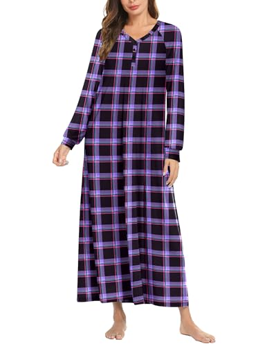 Ekouaer Nightgown Long Sleeve for Women Sleepwear V Neck Loungewear Button Full Length Nightshirt