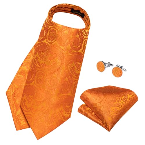 Image of DiBanGu Mens Silk Ascot Ties Paisley Jacquard Woven Cravat and Pocket Square Cufflinks with Lapel Pin for Business Wedding