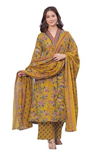Image of Arayna Women's Pure Cotton Block Printed Kurta Set with Palazzo Pants & Dupatta - Ethnic Wear
