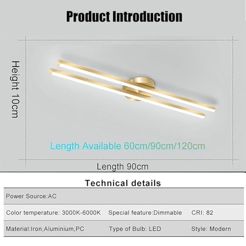 Plafonnier LED moderne rectangle doré 120cm 48W avec télécommande