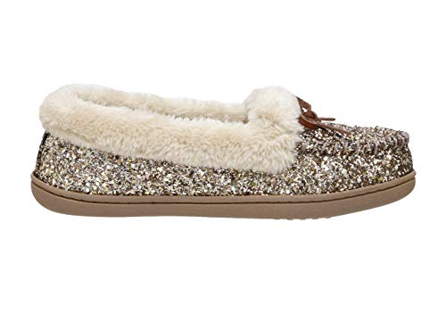 Cushionaire Women's Sierra Moccasin Slipper +Memory Foam, Gold Glitter 8.5 #TOP3