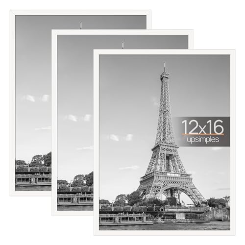 Image of upsimples 12x16 Picture Frame White 3 Pack, Scratch-Proof Poster Frames 12 x 16 for Photo Gallery - Slide-In Strips, Horizontal or Vertical Wall Mounting