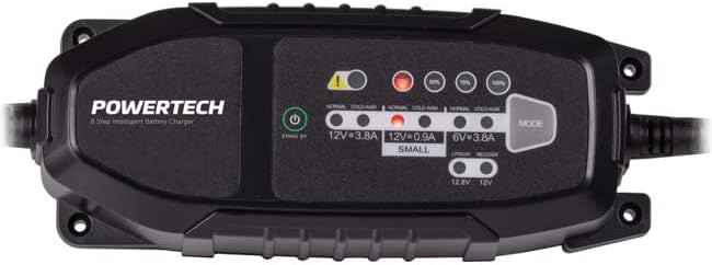 Fuq view of Powertech MB3904 charger showing LED indicators and mode button