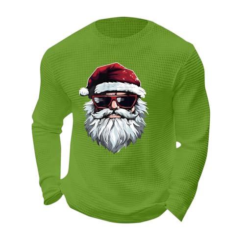 EMUKFD Camicie natalizie da uomo a nido d'ape, a maniche lunghe, girocollo, con divertente Babbo Natale, maglietta leggera con grafica, Verde-a., XL