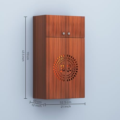 Image of Anikaa OMYA Engineered Wood Home Temple Wall Mount & Floor Standing Wooden Modern Pooja Mandir with LED Light, Om Laser Cut Design | Storage Cabinet with Hinge Doors (Walnut, DIY Installation)