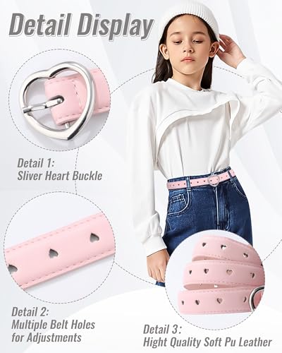 AWAYTR 2 Pack Kids Leather Girls Belt, with Heart Buckle for Pants Dress4