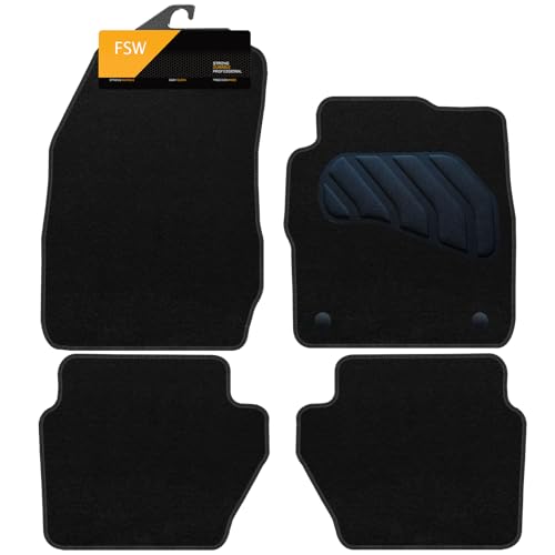 FSW - Car Floor Mats For Ford Fiesta Mk7 2011-2017 Tailored Black Carpet - PVC Cushioned Heel Pad - Anti Slip Mat - Non Slip - 4Pc Floor Mats - Black Edging