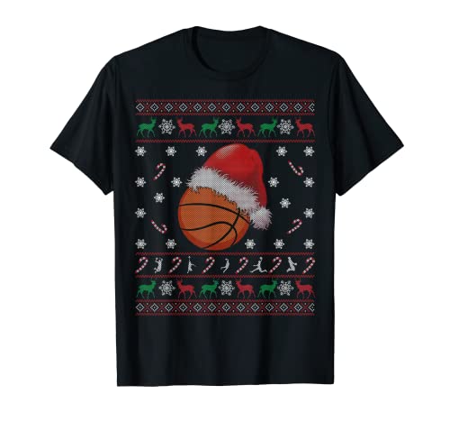 Basketball Ball Santa Hat Ugly Christmas Sweater Gift Maglietta