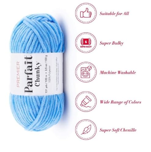 Image of Premier Yarns Parfait Chunky Chenille Yarn 3.5 Oz 6 Super Bulky Weight 3 Pack Bundle with Bella's Stitch Place Holders (Blue)