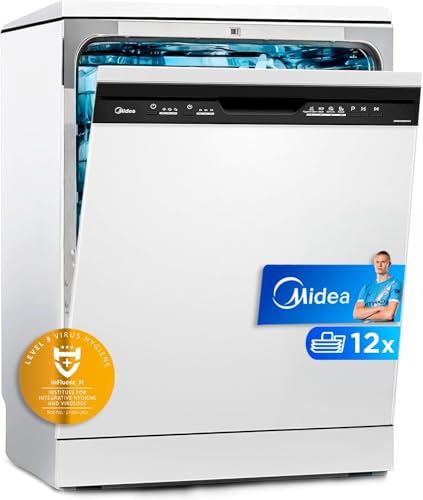 Midea Lavavajillas 60 cm+++ Blanco para 12 servicios   Lavaplatos Libre Instalación con 4 Programas de Lavado, Integrable   Filtro Antibacterias, 49 dB, y Función de Media Carga Nuevo Modelo