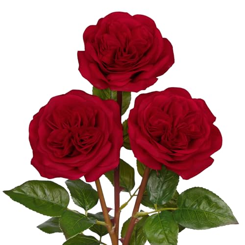 4.7'' Large Artificial Roses - Set of 3 Long-stem Real Touch Silk Flowers, 24.4 Faux Flowers for Home Decor, Wedding Bouquets, Centerpieces & Floral Arrangements – Lifelike Dark Red Fake Roses