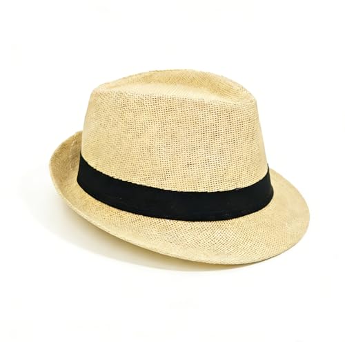 LUSENME Straw Fedora Hat for Men Summer Short Brim Panama Hat Beach Casual (US Alpha Large X-Large Beige)