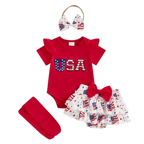 BeQeuewll Newborn Baby Girl 4th of July Outfit Star Flag Clothes Long Sleeve Romper+Bloomers Tutu Skirt+Socks+Headband 4Pcs (USA Red, 3-6 Months)