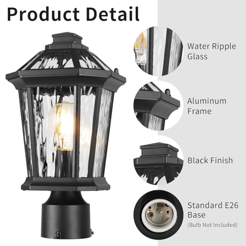 Image of JYZ Outdoor Post Lights Lamp Post Light Fixture, 14'' Pole Lantern with E26 Base 60W Max & Waterproof Aluminum Housing Plus Water Ripple Glass,Fence Post Deck Lighting for Garden, Patio, Pathway