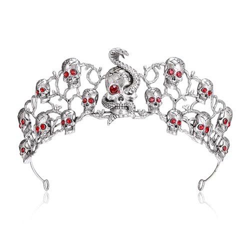 EVER FAITH Gothic Headpiece Crowns for Women Rhinestone Crystal Skull Snake Headband Tiara Queen Crown Hair Accessories Dress up Jewelry for Costume Halloween Prom Cosplay Party Red Silver-Tone