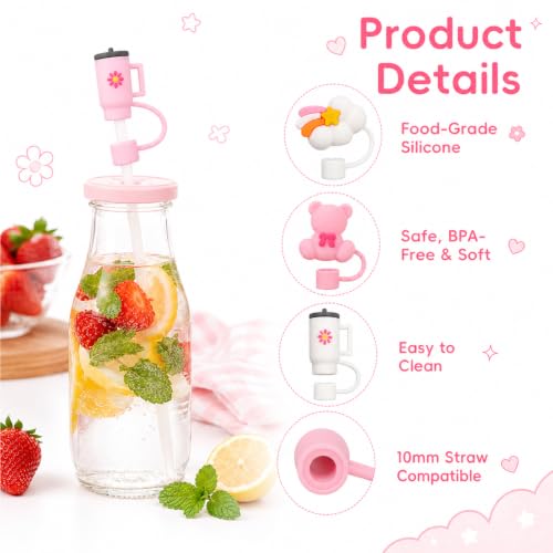 Image of 8 Pcs Straw Cover Caps Compatible with Stanley Tumblers, Reusable Silicone Straw Protectors with Dust-Resistant Covers, Drinking Straw Caps for Compatible Sipper Cups, Pink, Daily Travel & Outdoor Use
