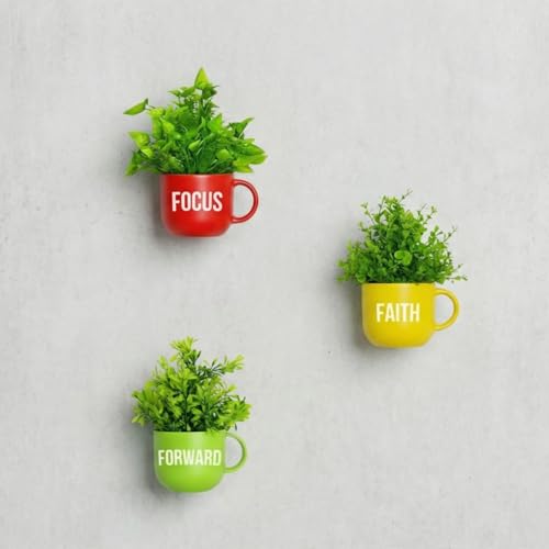 Image of Dekorly Colorful Wall-Mounted Mug Planters with Faux Greenery(20 CM)- Wall Decorative Pots for Vibrant Home & Office Decor| (3, Focus Faith Forward)