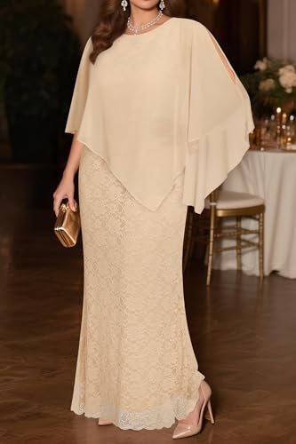 Image of Women's Plus Size Cape Dress with Chiffon Overlay Gown Formal Evening Lace Long Mermaid Dresses 2024