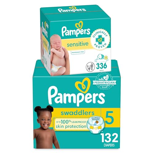 Image of Pampers Swaddlers Disposable Baby Diapers Size 5, One Month Supply (132 Count) with Sensitive Water Based Baby Wipes 4X Pop-Top Packs (336 Count) [Packaging May Vary]