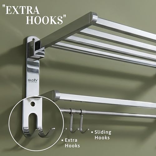 Image of GLOXY Premium 18 Inch Towel Rack for Bathroom - Chrome Finish Stainless Steel Folding Towel Hanger with Shelf - Wall Mounted Home Decor Towel Holder Rack Shelf Bathroom Fittings Accessories Set
