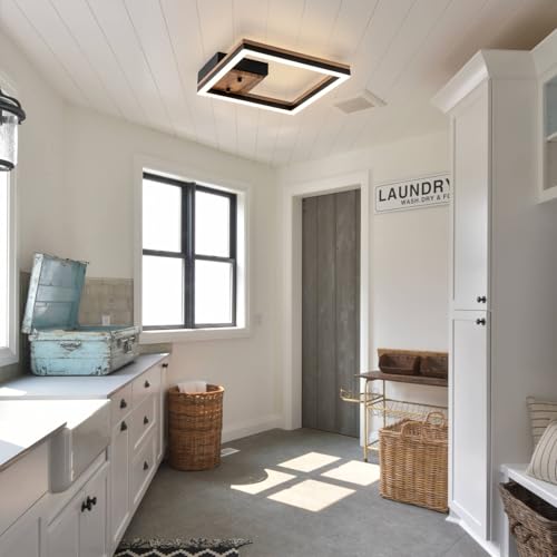 Image of Modern Square Led Ceiling Light, Dimmable Wood LED Flush Mount Ceiling Light Fixture, Minimalist Wood Ceiling Lamp for Kitchen, Bedroom, Hallway