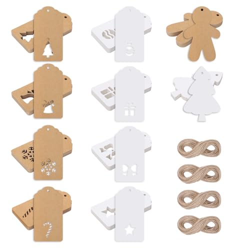 woric 200 Stück Geschenkanhänger Weihnachten, 10 Stile Geschenkanhänger Kraftpapier mit 40m Schnur Weihnachtsanhänger für Weihnachtsgeschenke Likörflaschen