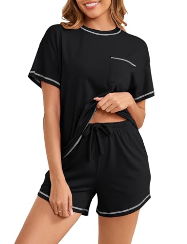 Namatime Schlafanzug Damen Kurz Pyjama Sommer Shorty Nachtwäsche mit Taschen Zweiteiliger Loungewear Set Kurzarm Hausanzug Schwarz L