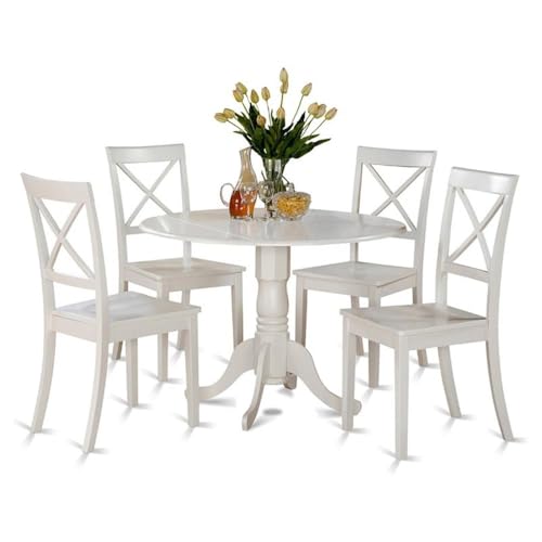 East West Furniture DLBO5-WHI-W 5 Piece Kitchen Table Set for 4 Includes a Round Dining Room Table with Dropleaf and 4 Solid Wood Seat Chairs, 42x42 Inch, Linen White