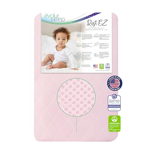 Evolur Rest EZ 2-in-1 Mini Crib Mattress – Dual-Sided Comfort, Water-Resistant Pink Cover, GREENGUARD Gold Certified, Crafted from Recycled Sustainable Materials, Proudly Made in USA