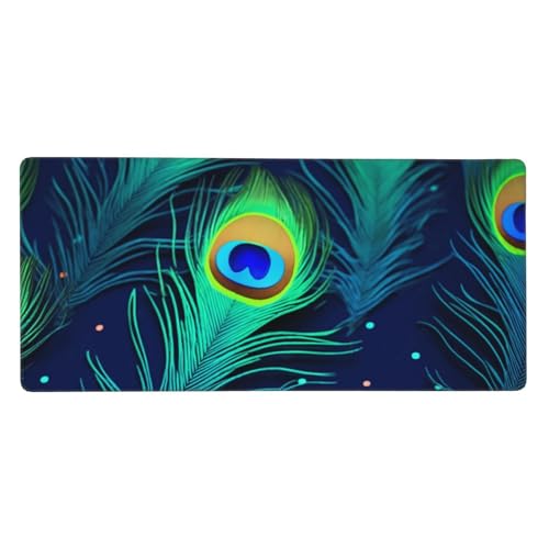 Tapis de souris XXL 90x40 cm antidérapant avec bords cousus motif plumes de paon