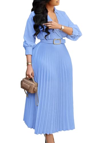 Image of Famnbro Womens Pleated Dress V Neck Long Sleeve A line Church Formal Works Business Dresses with Belt