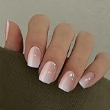 Curvlife Press on Nails Acrylic Fake Nails with Design Full Cover False Nails for Women Reusable Nail Kit with Nail Glue Adhesive Tabs Nail File (French Gradient Pink, 30pcs)