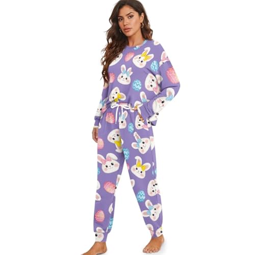 Image of Womens Lounge Set Long Sleeve Soft Pajama Sets Casual 2 Piece Pj Outfit Crewneck Sleepwear with Pockets Plus Size
